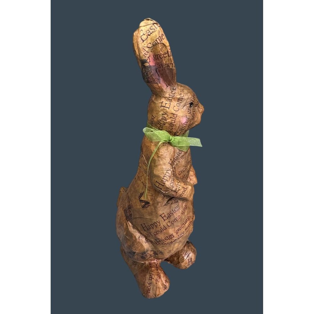 Vintage Decoupage Paper Mache Bunny Rabbit Postcard Print Green Bow 16" - Picture 12 of 12